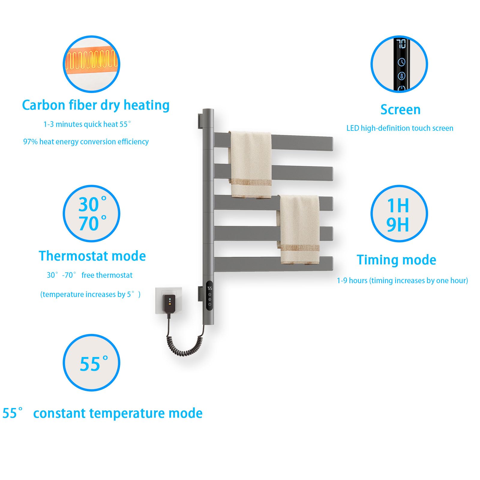 XIHAADOY Heated Towel Rack Towel Warmer Rack Heated Towel Rack Freestanding, 180-Degree Rotation, Ipx5 Waterproof, 110v, 0.163hp,Gray