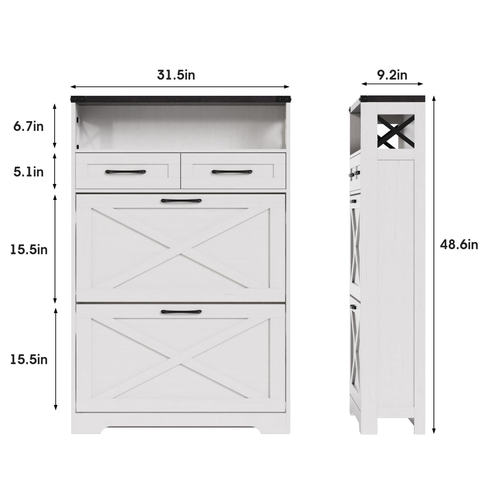 Maupvit Farmhouse Shoe Cabinet with 2 Flip Drawers & 2 Drawers, Shoe Storage Cabinet with Doors and Shelves, Shoe Organizer for Entryway, Narrow Shoe Cabinet for Front Door Entrance, White