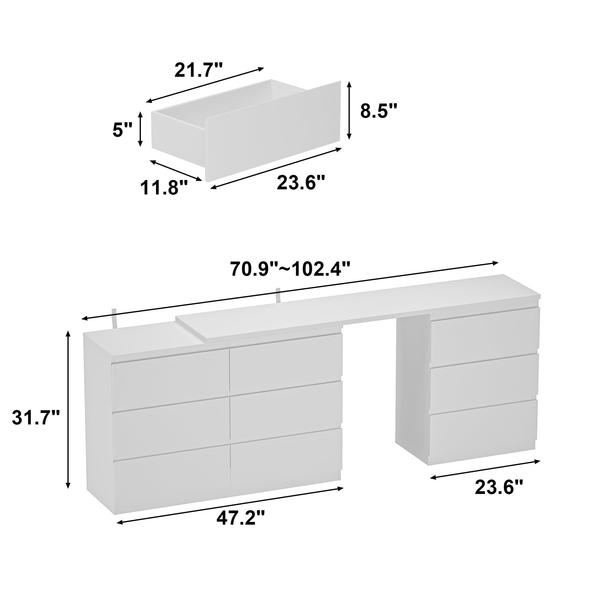 ROMSHINE 9 Drawer Dresser with Rotatable Tabletop, Modern Chest of Drawers with Extendable Desk (No More Than 102" W), Drawer Organizer for Bedroom Home Office, White Dresser