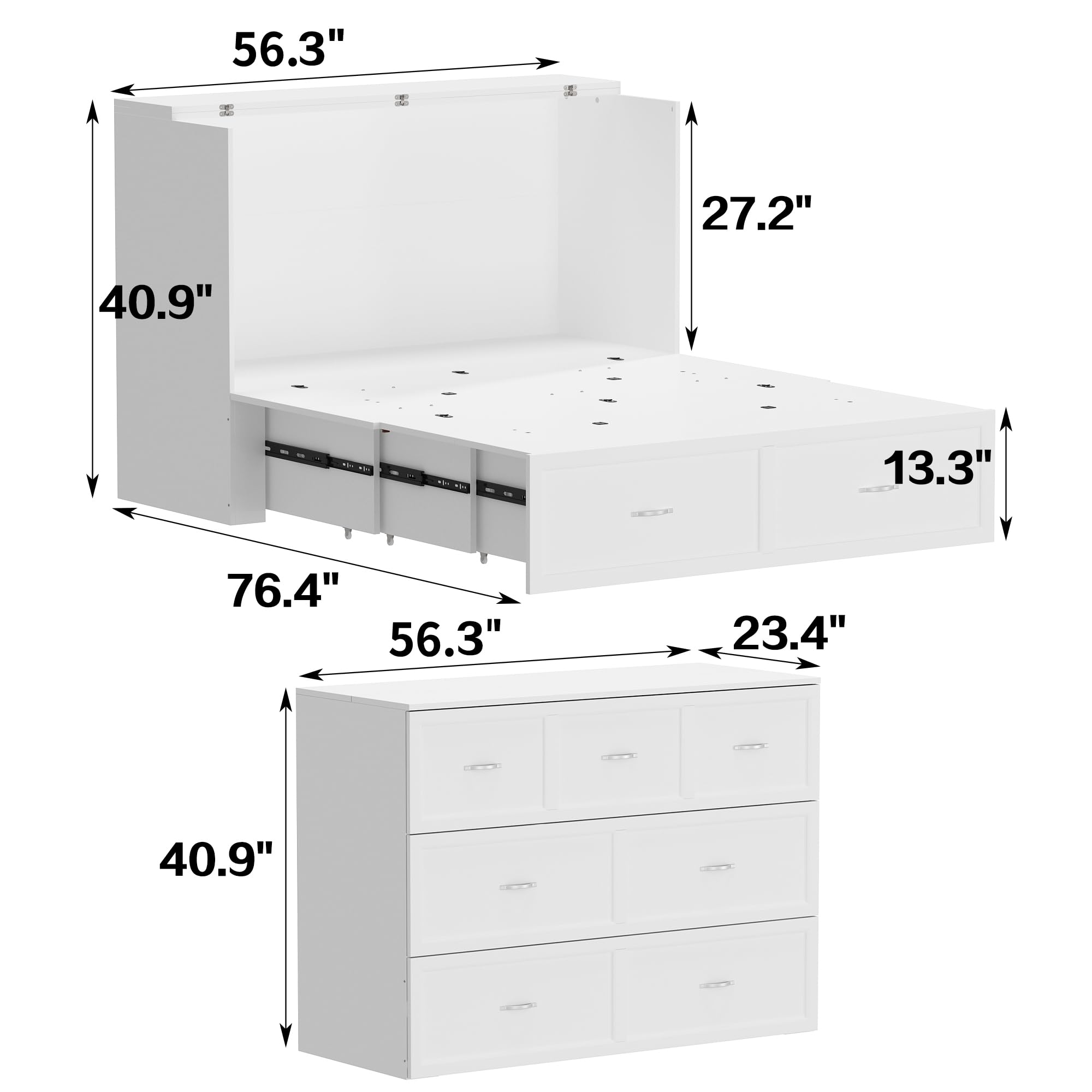 ECACAD Multi-Functional 2-in-1 Murphy Cabinet Bed, Full Size Bed Frame Murphy Bed Chest with Built-in Power Strip & 3 Drawers, Full Foldable Platform Bed, White