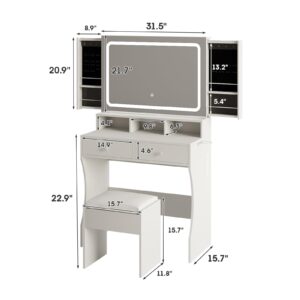 Fameill Vanity Desk with Mirror and Lights, White Makeup Vanity with 3 Color Lighting & 2 Large Drawers, Small Vanity with Charge Station and Stool, Vanity Set with Hidden Sliding Jewelry Cabinet