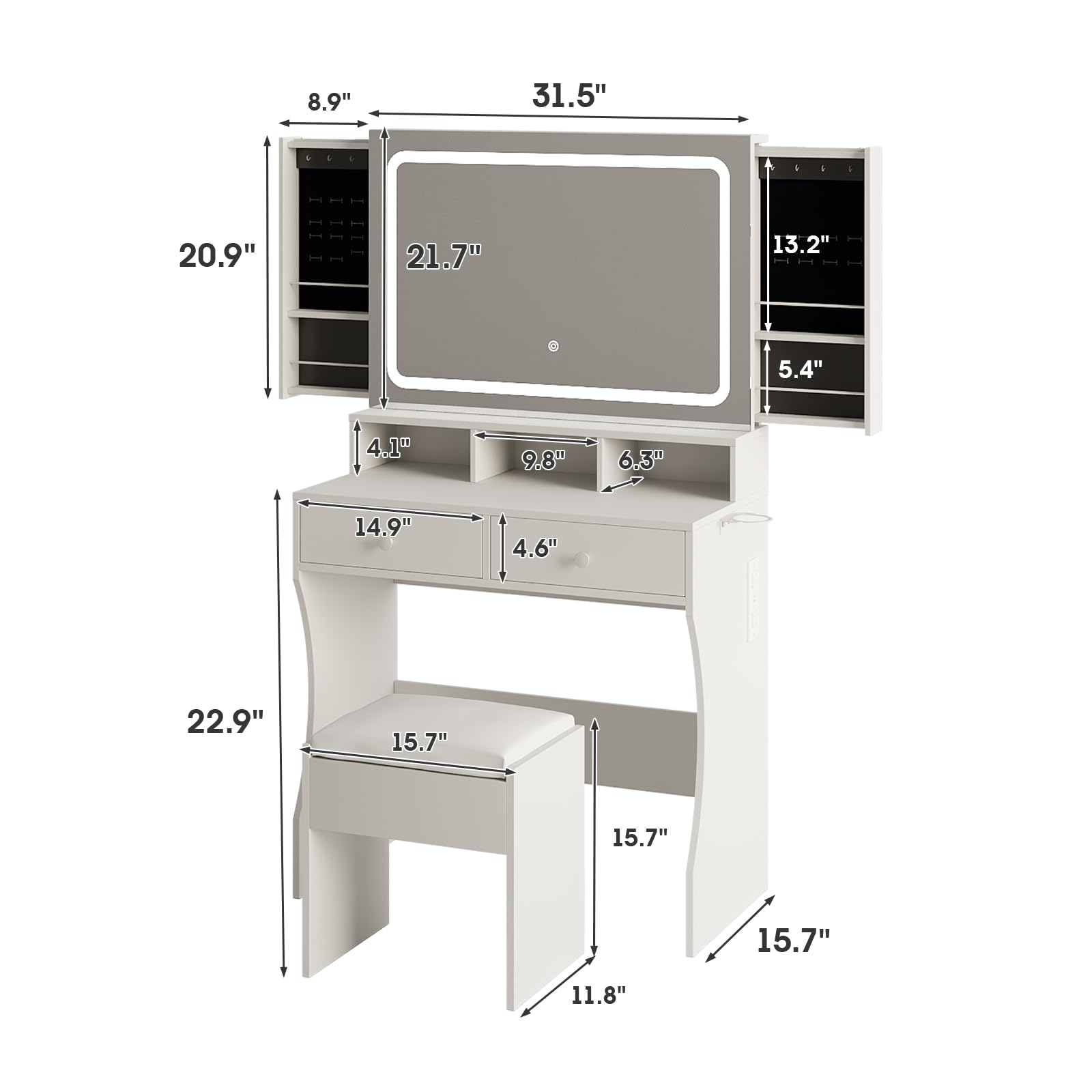 Fameill Vanity Desk with Mirror and Lights, White Makeup Vanity with 3 Color Lighting & 2 Large Drawers, Small Vanity with Charge Station and Stool, Vanity Set with Hidden Sliding Jewelry Cabinet