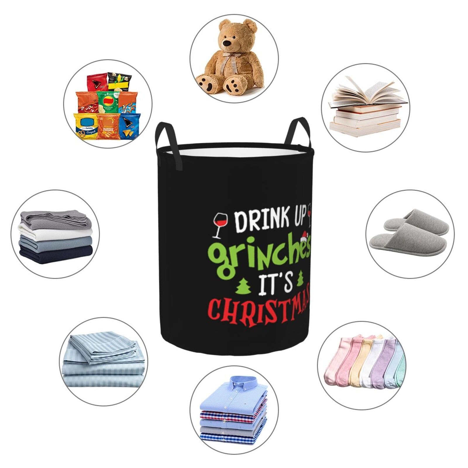 Drink Up Grinches It S Christmas Laundry Basket Round Portable Storage Box Organizer Laundry Basket Portable Laundry Organizer Laundry Basket