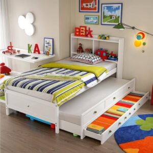 pvwiik twin size platform bed with trundle & storage drawers & storage headboard for kids bedroom,solid wood capitan bedframe,no box spring needed,white