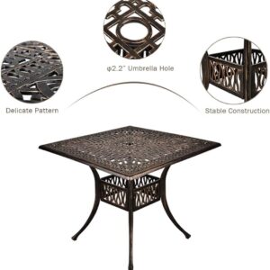 QUYZE Patio Dining Table, 35" Outdoor Patio Table with Umbrella Hole Bronze Square Cast Alluminum Patio Metal Dining Table, Outdoor Furniture for Backyard Lawn Balcony Deck