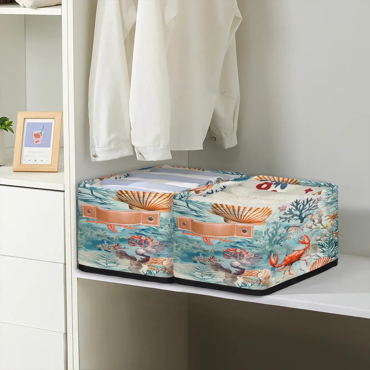 Tablerazzi Ocean Crab Storage Baskets for Shelves, Fabric Closet Organizers and Storage Bins, Sea Animals Theme Collapsible Baskets for Bedroom, Nursery Room, Living Room