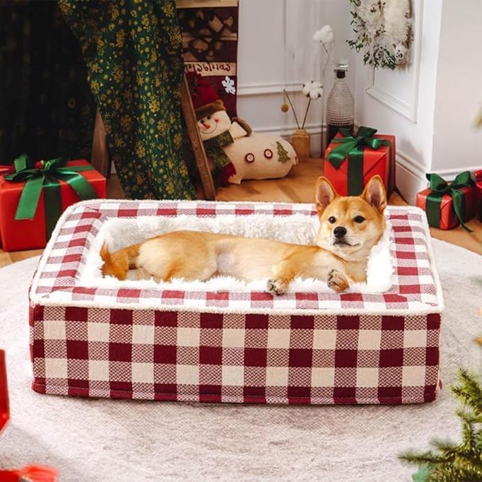 Tartan Cozy Dog Anti-Anxiety Calming Bed, Removable Dog Bed, Christmas Classic Tartan Pet Bed, Funny Fuzzy Dog Bed, Suitable for All Seasons, Made of Pure Cotton (Red, 25.59 * 19.69 * 6.3 in)