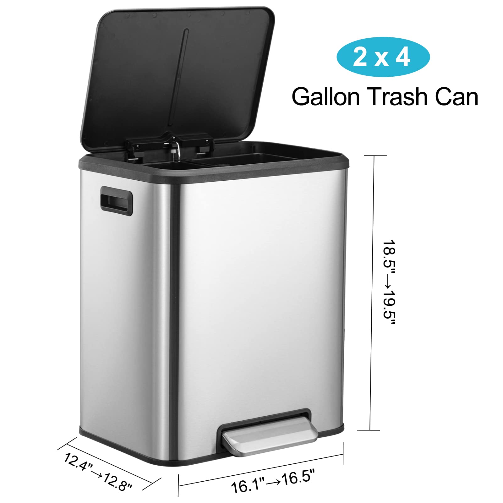 30 Liter / 8 Gallon Rectangular Hands-Free Dual Compartment Recycling Kitchen Step Trash Can with Soft-Close Lid, for Bathroom Bedroom Home Office, 2 x 4 Gal, Silver