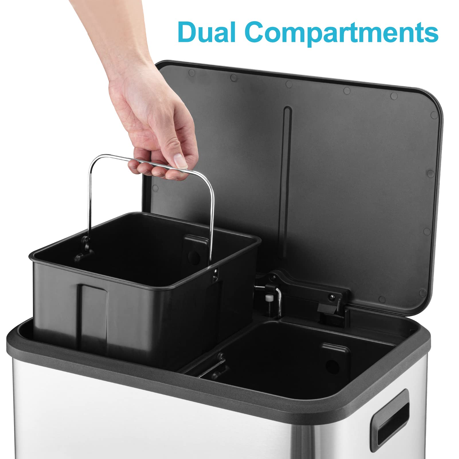 30 Liter / 8 Gallon Rectangular Hands-Free Dual Compartment Recycling Kitchen Step Trash Can with Soft-Close Lid, for Bathroom Bedroom Home Office, 2 x 4 Gal, Silver