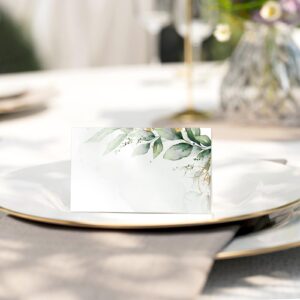 Whaline 100Pcs Greenery Place Card 2 x 3.5 Inch Watercolor Leaves Tented Card Green Foliage Table Name Sign For Party Banquet Reception Table Setting Supplies