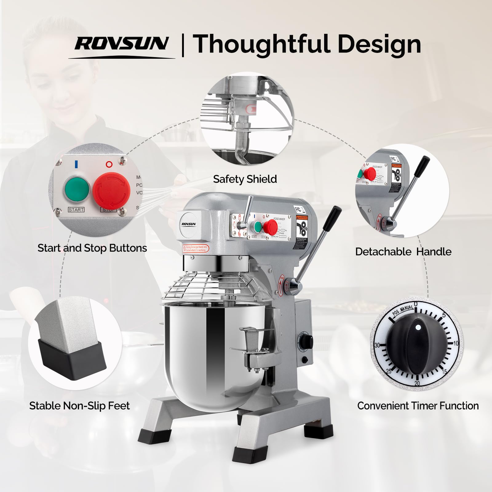 ROVSUN 10Qt Commercial Food Mixer, 550W Electric Commercial Stand Mixer Heavy Duty with Adjustable 3 Speed, Stainless Steel Bowl, Dough Hooks Whisk Beater, Perfect for Bakery Pizzeria Restaurants