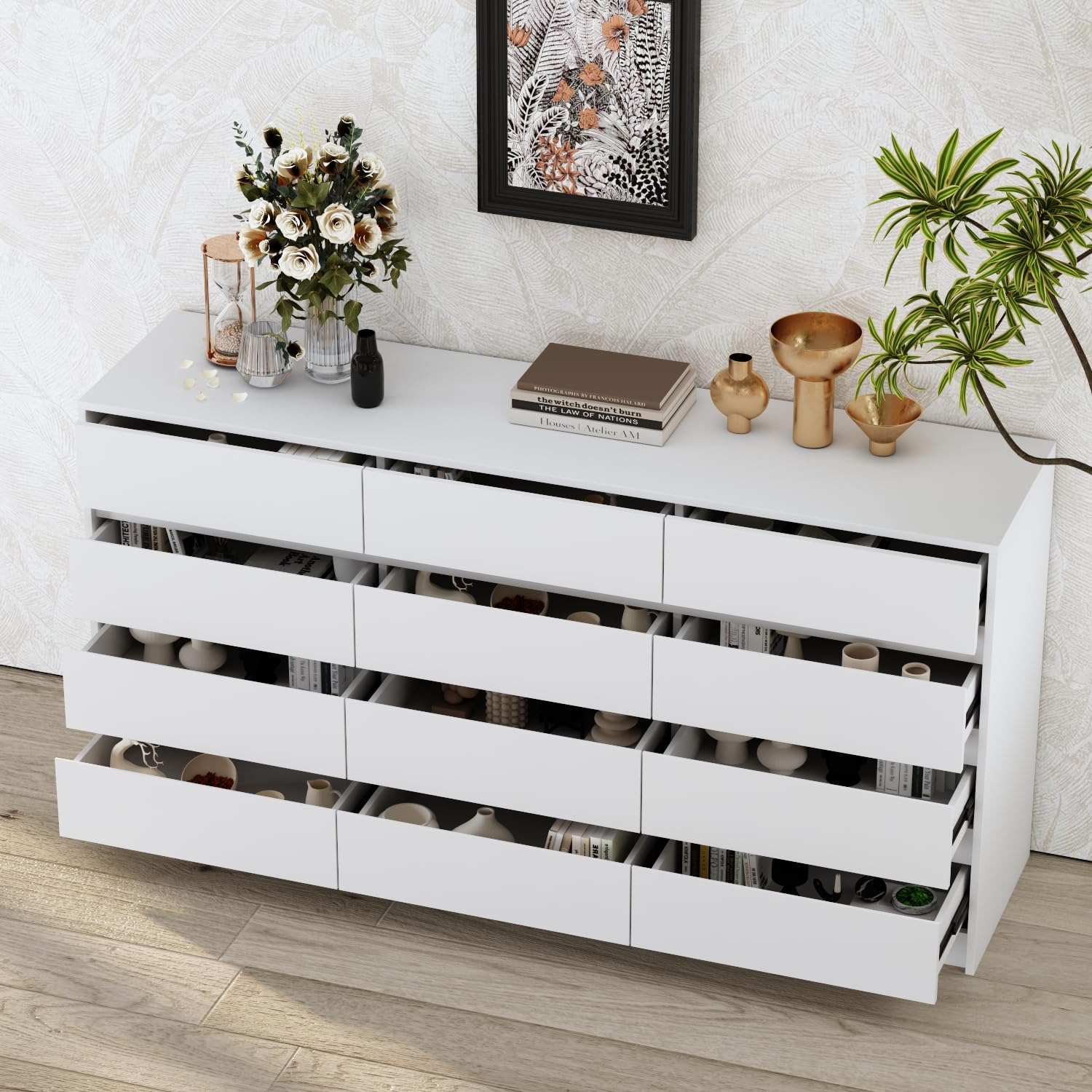 ROMSHINE 12 Drawer Double Dresser, Modern Chest of Drawers with 12 Deep Drawers, 63" Wide Wooden Storage Cabinet Organizer, Easy Pull Drawer Dresser for Bedroom Living Room, White Dresser