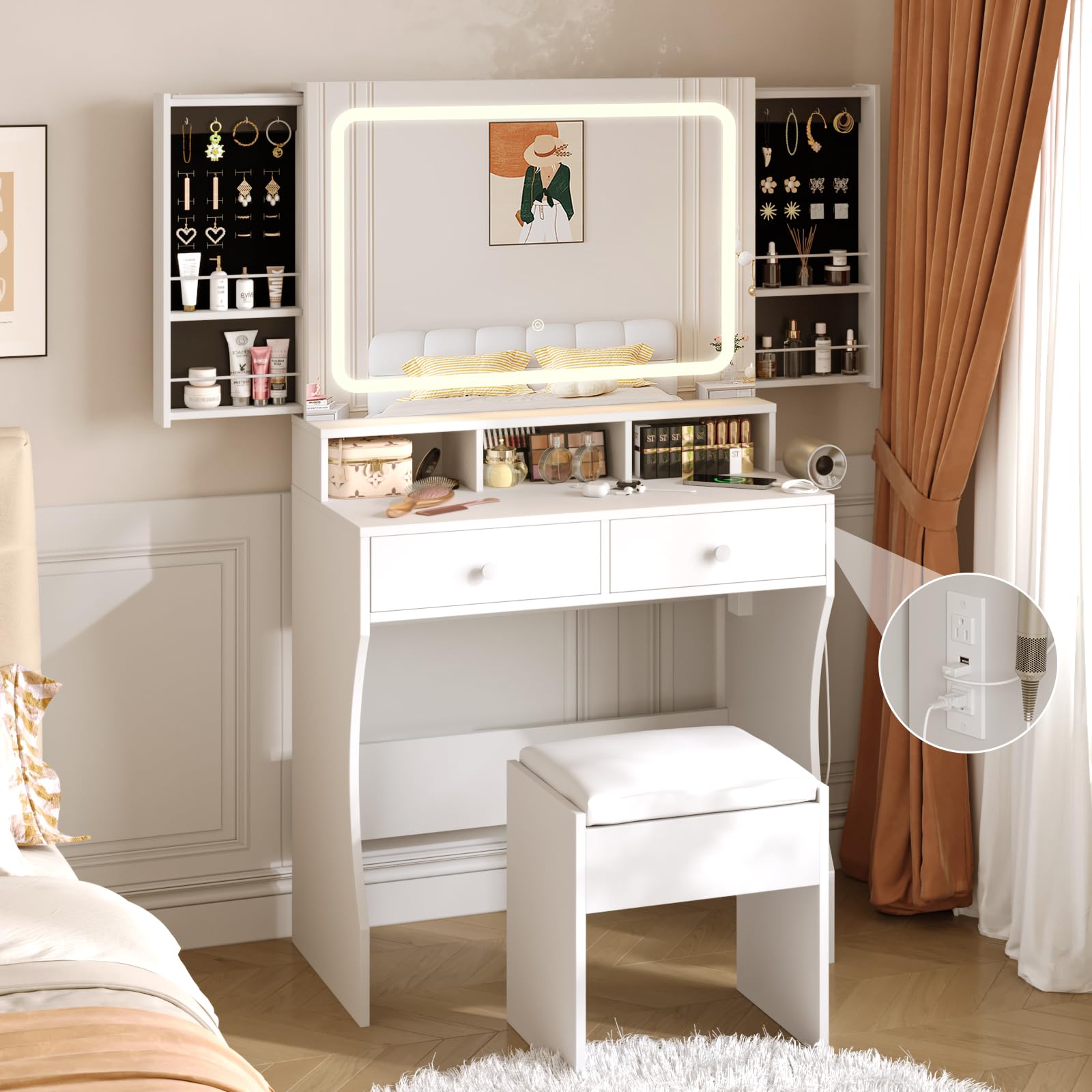 Fameill Vanity Desk with Mirror and Lights, White Makeup Vanity with 3 Color Lighting & 2 Large Drawers, Small Vanity with Charge Station and Stool, Vanity Set with Hidden Sliding Jewelry Cabinet