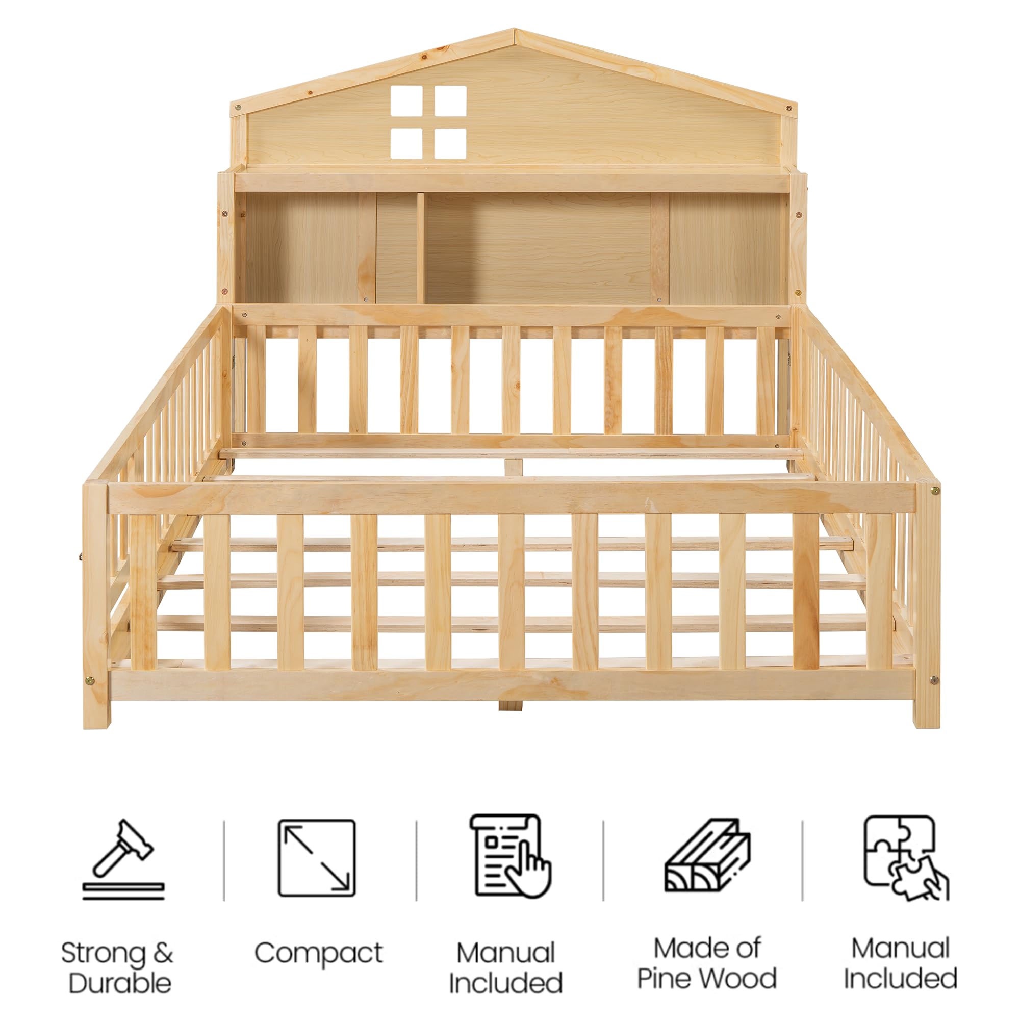 Mirightone Full House Bed with Storage Headboards and Blackboards,Versatile Full Size Platform Beds with Guard Rails,Solid Wood Floor Bed Frame for Kids,Natural