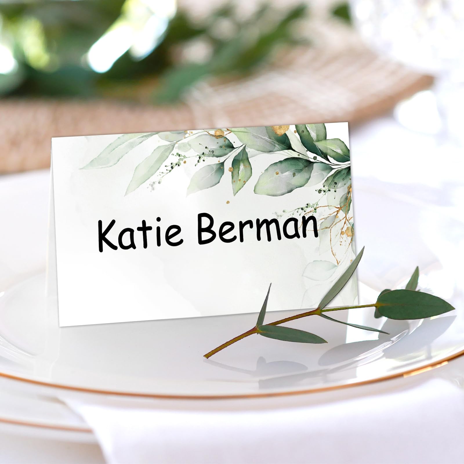 Whaline 100Pcs Greenery Place Card 2 x 3.5 Inch Watercolor Leaves Tented Card Green Foliage Table Name Sign For Party Banquet Reception Table Setting Supplies