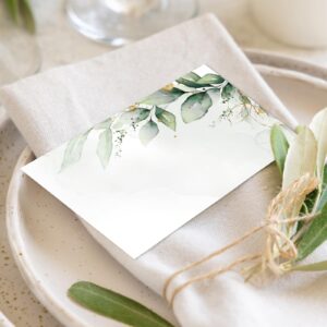 Whaline 100Pcs Greenery Place Card 2 x 3.5 Inch Watercolor Leaves Tented Card Green Foliage Table Name Sign For Party Banquet Reception Table Setting Supplies