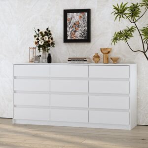 romshine 12 drawer double dresser, modern chest of drawers with 12 deep drawers, 63" wide wooden storage cabinet organizer, easy pull drawer dresser for bedroom living room, white dresser