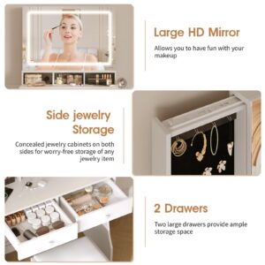 Fameill Vanity Desk with Mirror and Lights, White Makeup Vanity with 3 Color Lighting & 2 Large Drawers, Small Vanity with Charge Station and Stool, Vanity Set with Hidden Sliding Jewelry Cabinet