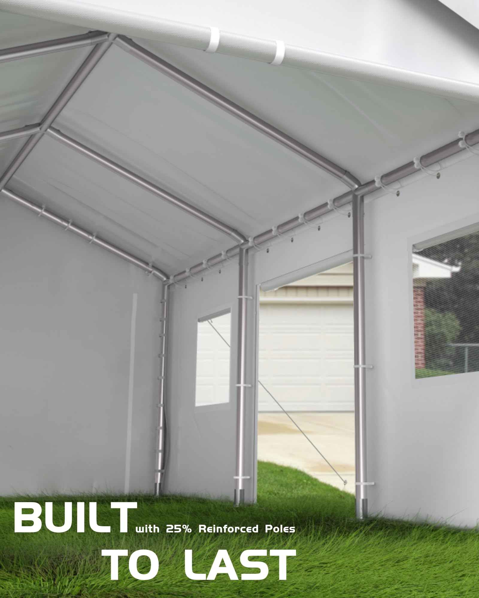 KYBOLT 10 x 20 Ft Heavy-Duty Carport, Portable Garage, 180g PE Waterproof Canopy and 8 x 1.0 mm Poles for Full-Size Pickup Trucks, Boats, and SUVs - White