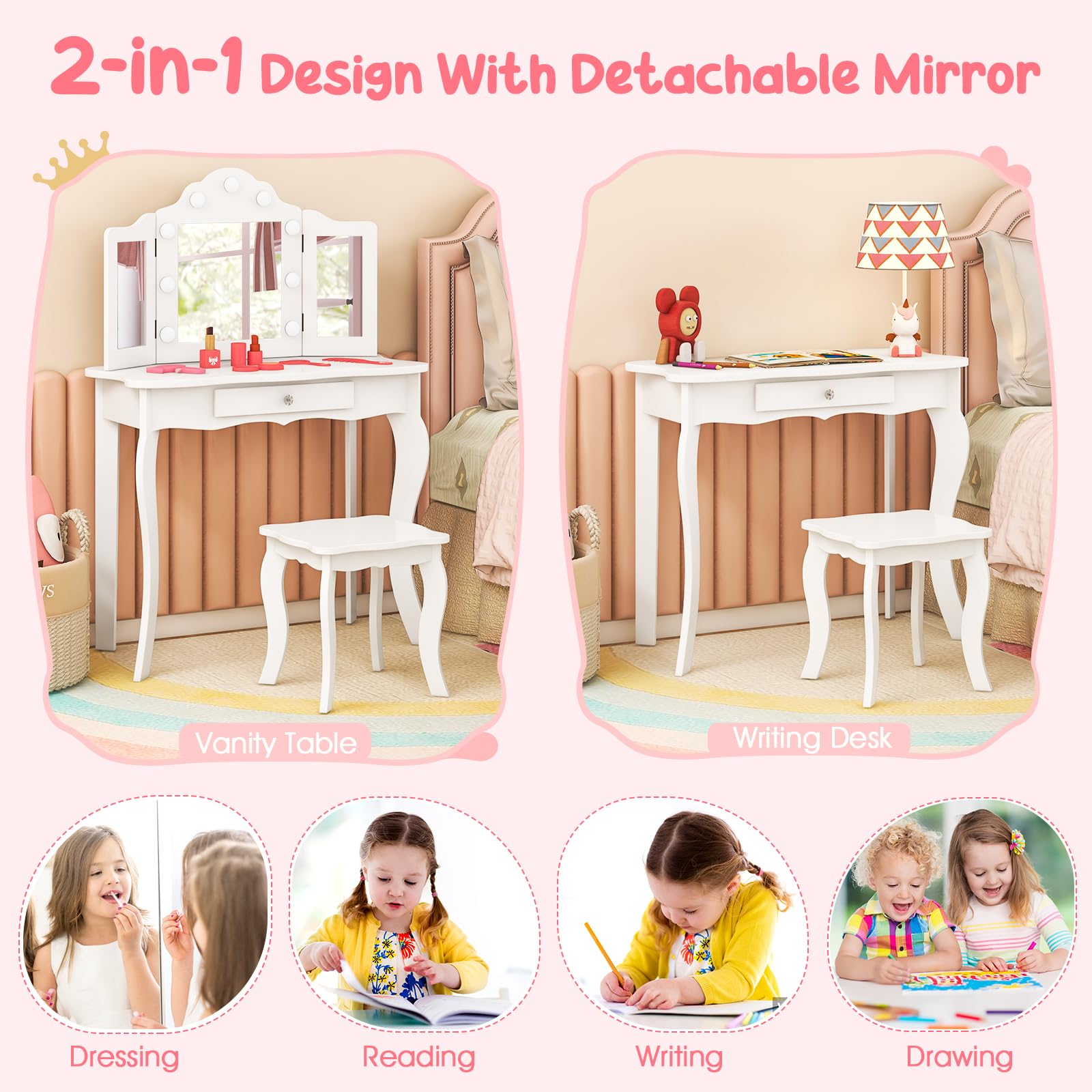 AKUSTIK Kids Vanity with Lights, 2 in 1 Wooden Dressing Table and Chair Set with Tri-Folding Mirror, Stool, Storage Drawer, Toddlers Pretend Princess Beauty Playset Toy Gift for Little Girls