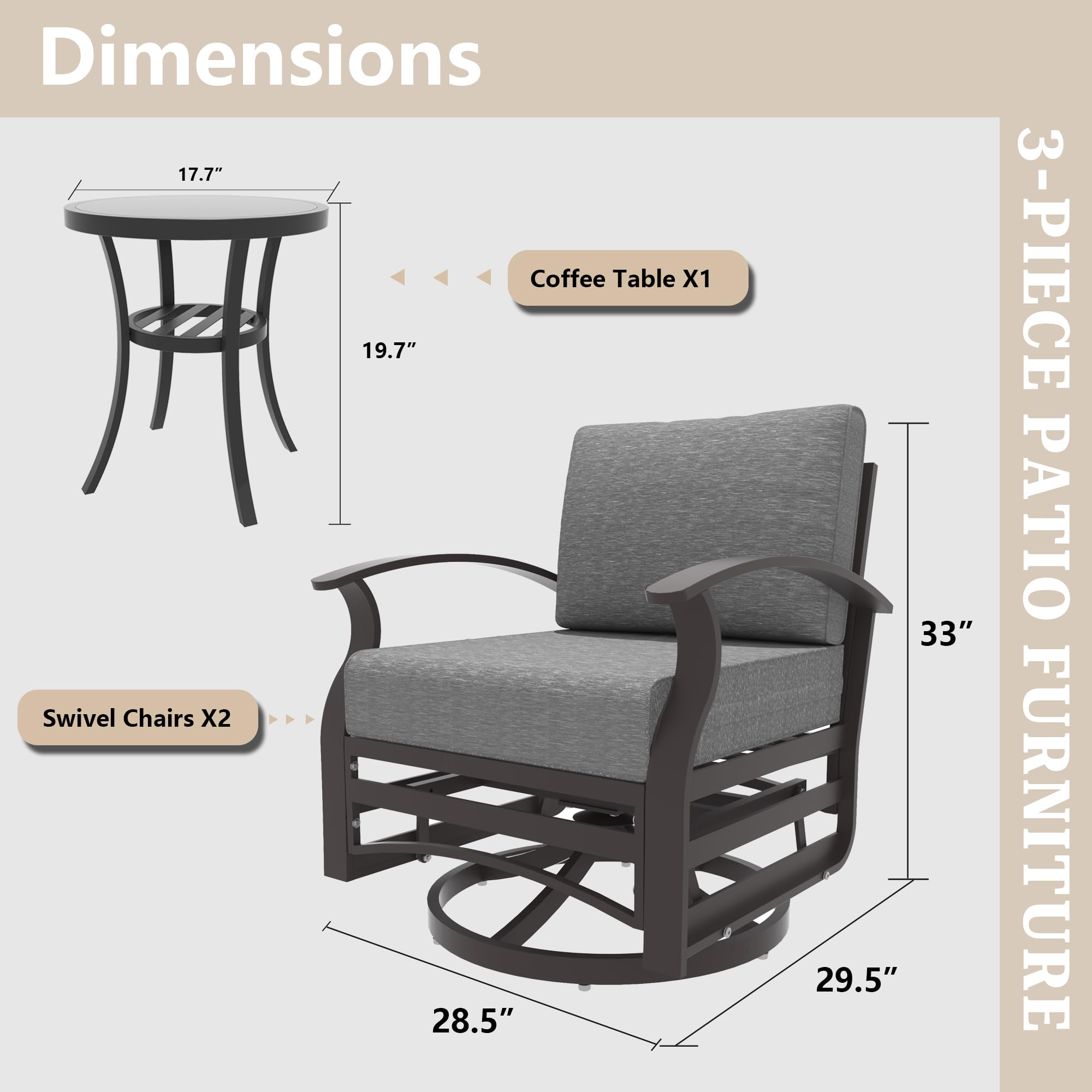 Rwnnad 3PCS Aluminum Rocking Chair Swivel Chairs, Patio Furniture Rocking Bistro Sets Modern Outdoor Conversation Set with Coffee Table for Porch Deck Garden Backyard, Grey