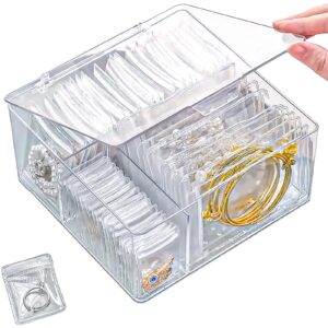 4-in-1 acrylic jewelry organizers and storage with 60 portable anti tarnish jewelry bags, clear jewelry box travel jewelry case for earrings rings necklaces bracelets, christmas gifts for women girls