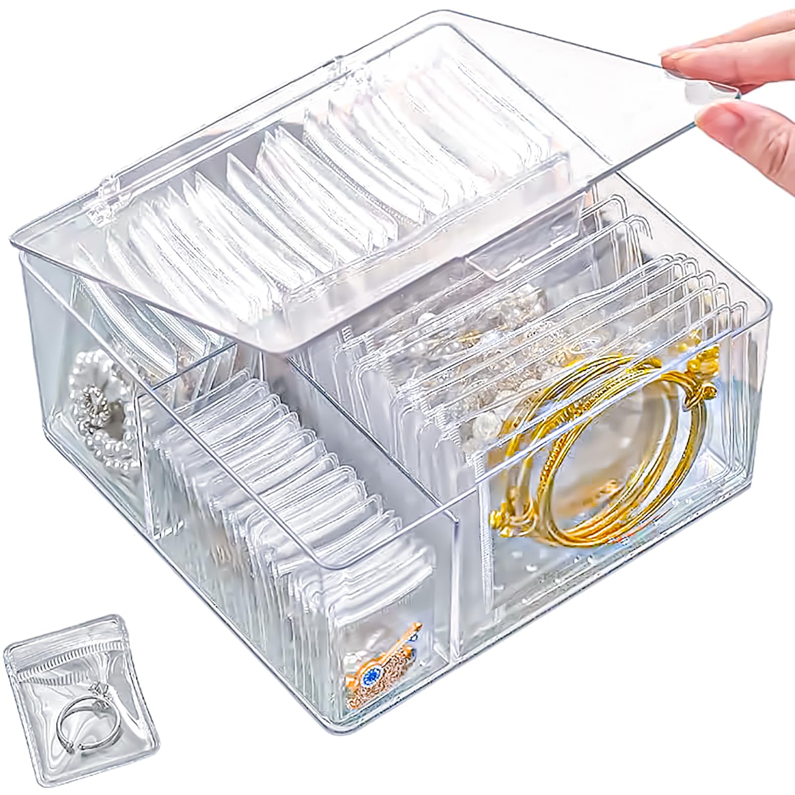 4-in-1 Acrylic Jewelry Organizers and Storage with 60 Portable Anti Tarnish Jewelry Bags, Clear Jewelry Box Travel Jewelry Case for Earrings Rings Necklaces Bracelets, Christmas Gifts for Women Girls