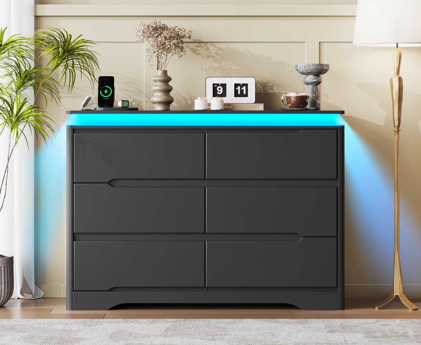 Fameill Black Dresser for Bedroom, 6 Drawer Dresser with LED Lights, Modern Dresser Organizer with Charging Station, Double Wide Chest of Drawers for Living Room, Entryway