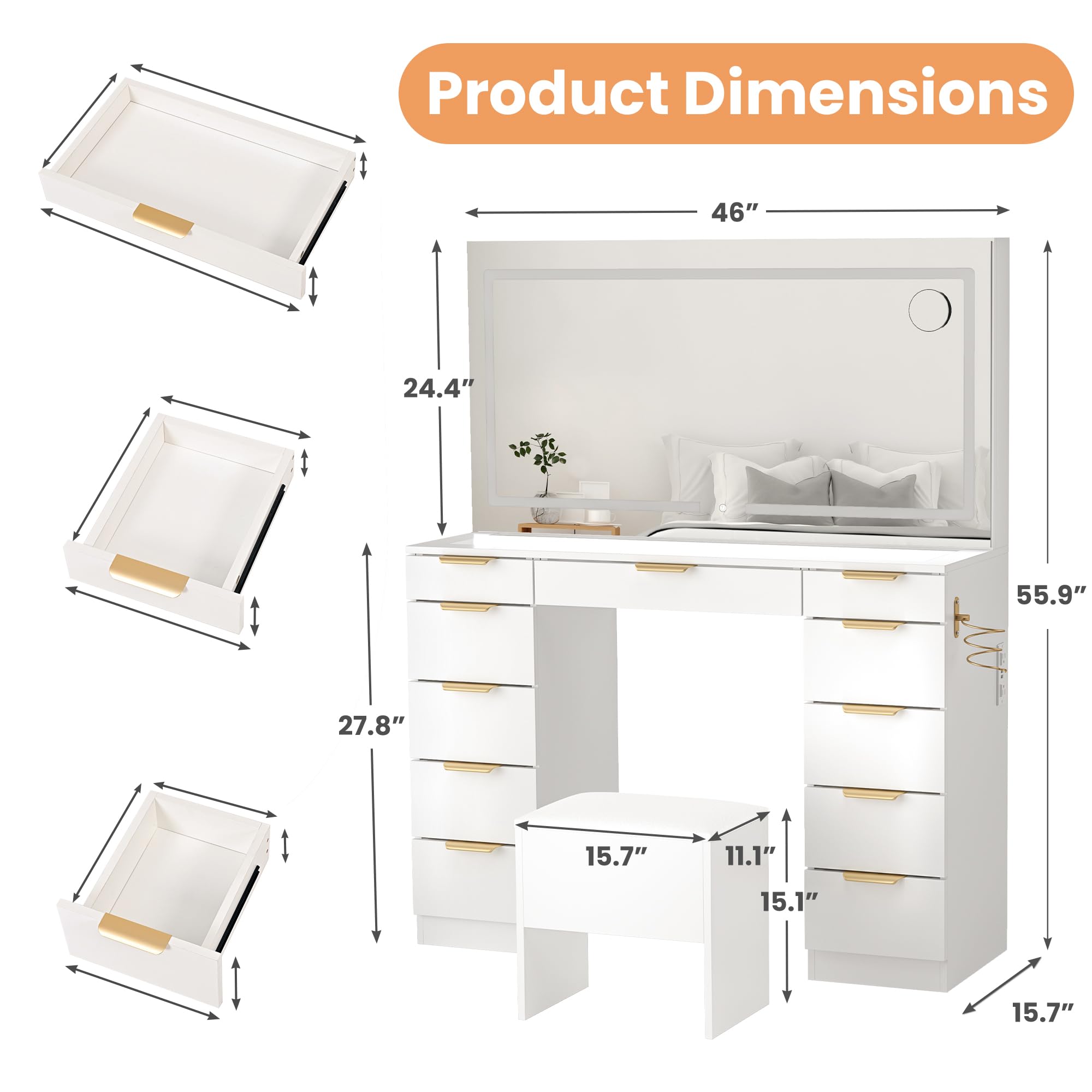 Pamapic 11 Drawers Vanity Desk with Golden Handles, Upgraded Silent Slides Vanity Mirror with Lights, 3 Lighting Modes Glass Top Makeup Vanity with Chair and Portable Mirror, Charging Station