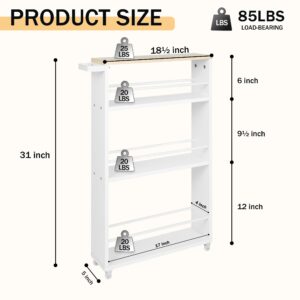 PrimeZone 4 Tier Slim Storage Cart - 18.5"W x 5"D x 31"H Narrow Rolling Utility Storage Cart with Handle & Wheels, Slide Out Mobile Shelving Unit Organizer for Small Spaces, Kitchen, Laundry, White