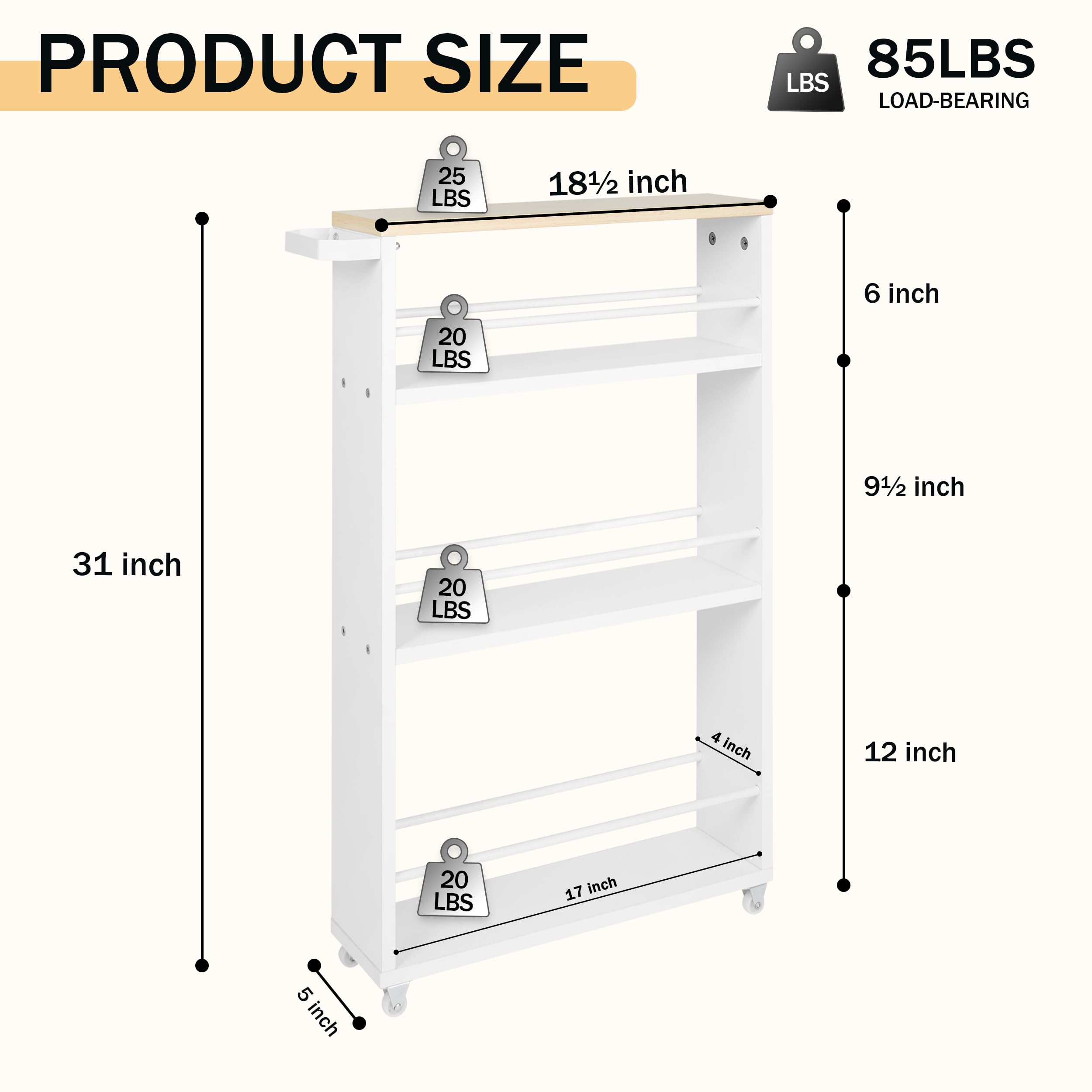 PrimeZone 4 Tier Slim Storage Cart - 18.5"W x 5"D x 31"H Narrow Rolling Utility Storage Cart with Handle & Wheels, Slide Out Mobile Shelving Unit Organizer for Small Spaces, Kitchen, Laundry, White