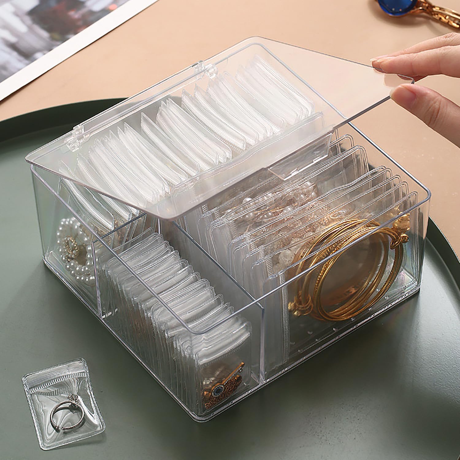 4-in-1 Acrylic Jewelry Organizers and Storage with 60 Portable Anti Tarnish Jewelry Bags, Clear Jewelry Box Travel Jewelry Case for Earrings Rings Necklaces Bracelets, Christmas Gifts for Women Girls