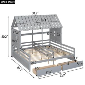 Harper & Bright Designs House Bed with 2 Twin Platform Beds for Kids,Wooden Double Twin Beds with Storage Drawers and Roof, 2 Beds in 1 Shared Beds for Girls or Boys,No Box Spring Needed,Grey