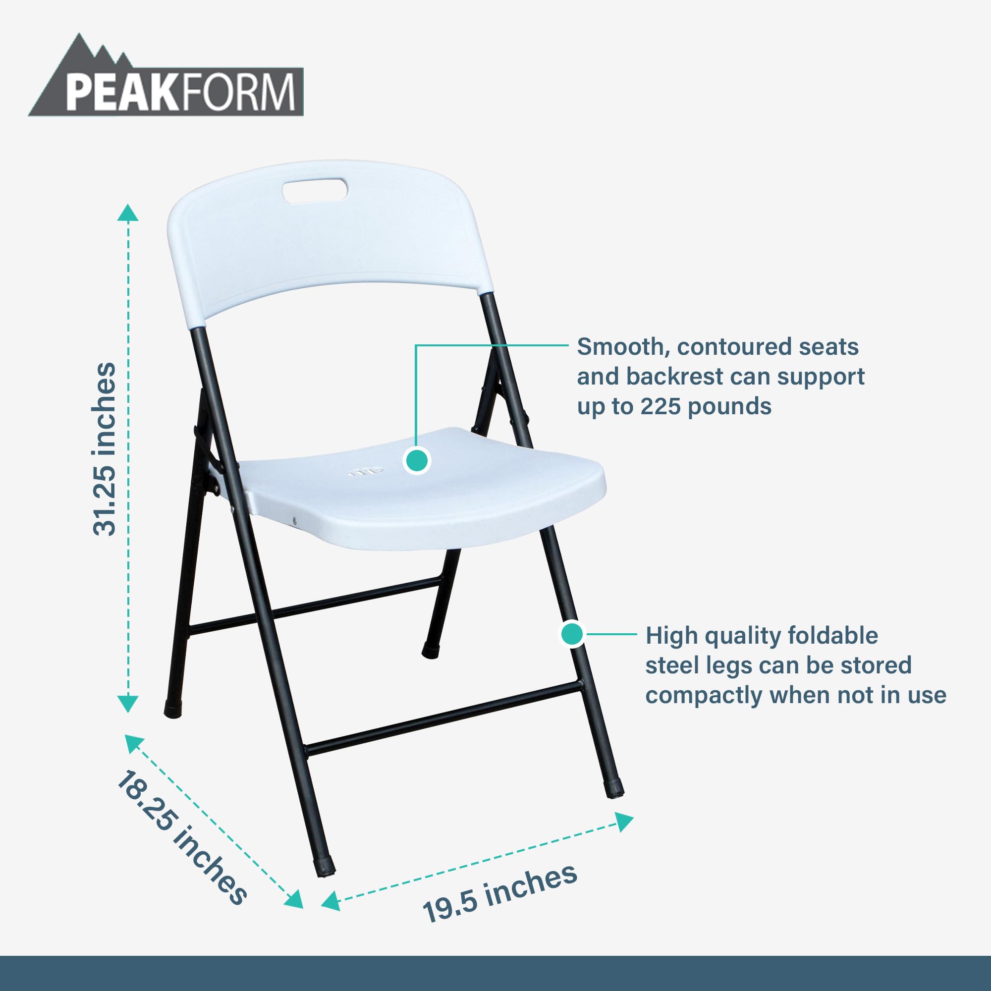 Peakform Fully Assembled Durable Ergonomic Lightweight Plastic Foldable Chair with Metal Frame for Indoor or Outdoor Use, 4 Pack, White