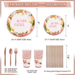 LFSTGN 277 Pcs Baby Shower Decorations for Girl, Rose Gold Baby Shower Decor Supplies - "BABY girl" Banner, Tassel, Balloon, Tableware with Rose Gold Floral for 25 Guests