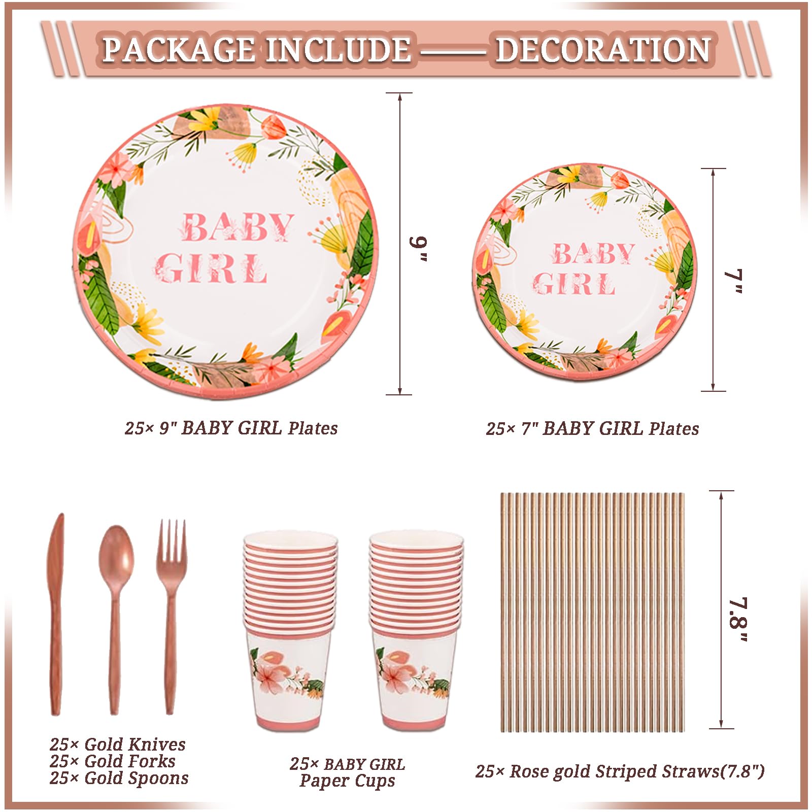 LFSTGN 277 Pcs Baby Shower Decorations for Girl, Rose Gold Baby Shower Decor Supplies - "BABY girl" Banner, Tassel, Balloon, Tableware with Rose Gold Floral for 25 Guests