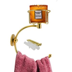 hand towel holder for bathroom wall, elegent towel hook with candle holder, gold towel ring, towel rack wall mounted hanger for bathroom, kitchen, entryway, drill holes