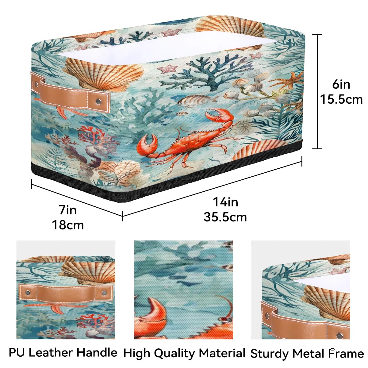 Tablerazzi Ocean Crab Storage Baskets for Shelves, Fabric Closet Organizers and Storage Bins, Sea Animals Theme Collapsible Baskets for Bedroom, Nursery Room, Living Room