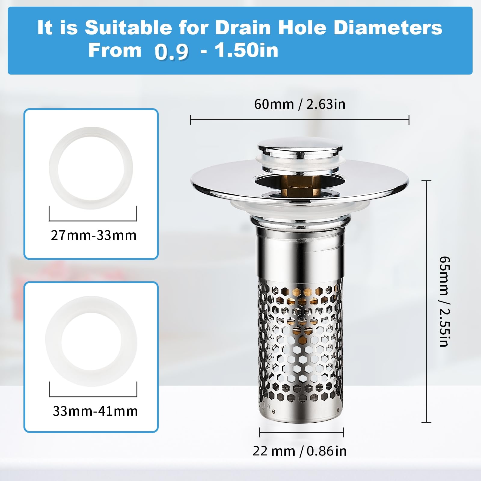 OAOrz Bathroom Sink Drain Stopper Strainer, Pop Up Drain Filter with Basket Hair Catcher for 1.1-1.45 Inch 1Pc