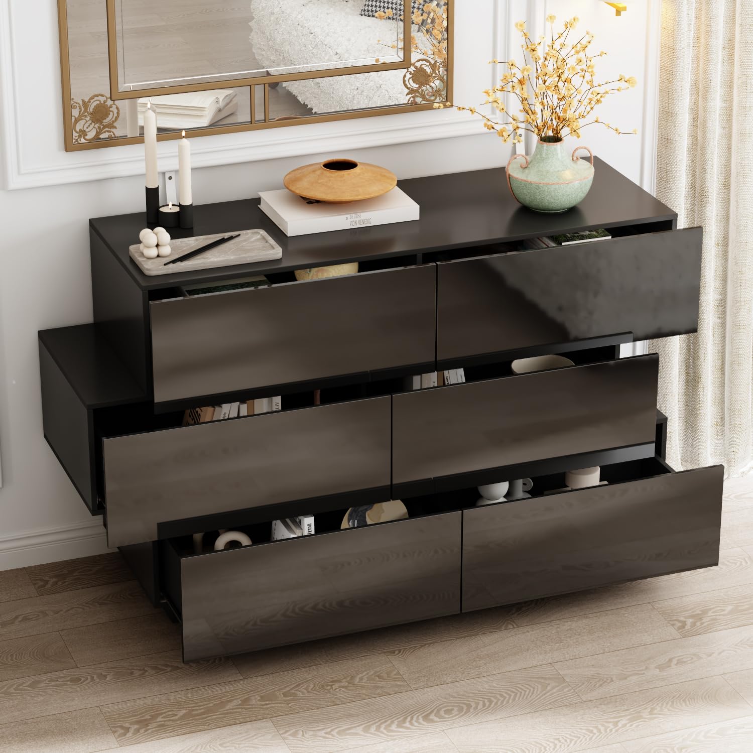 ROMSHINE Balck Drawer Dresser for Bedroom, Modern High Gloss Dresser with 6 Drawers, Double Dresser Storage Chest of Drawer with Asymmetrical Design for Bedroom, Living Room, Entryway