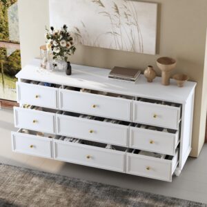 ROMSHINE White Bedroom Dresser with 9 Drawers, 63" Wide Dressers Chest of Drawers, Transitional Wood Dresser Long Drawer Organizer for Nursery Bedroom Living Room