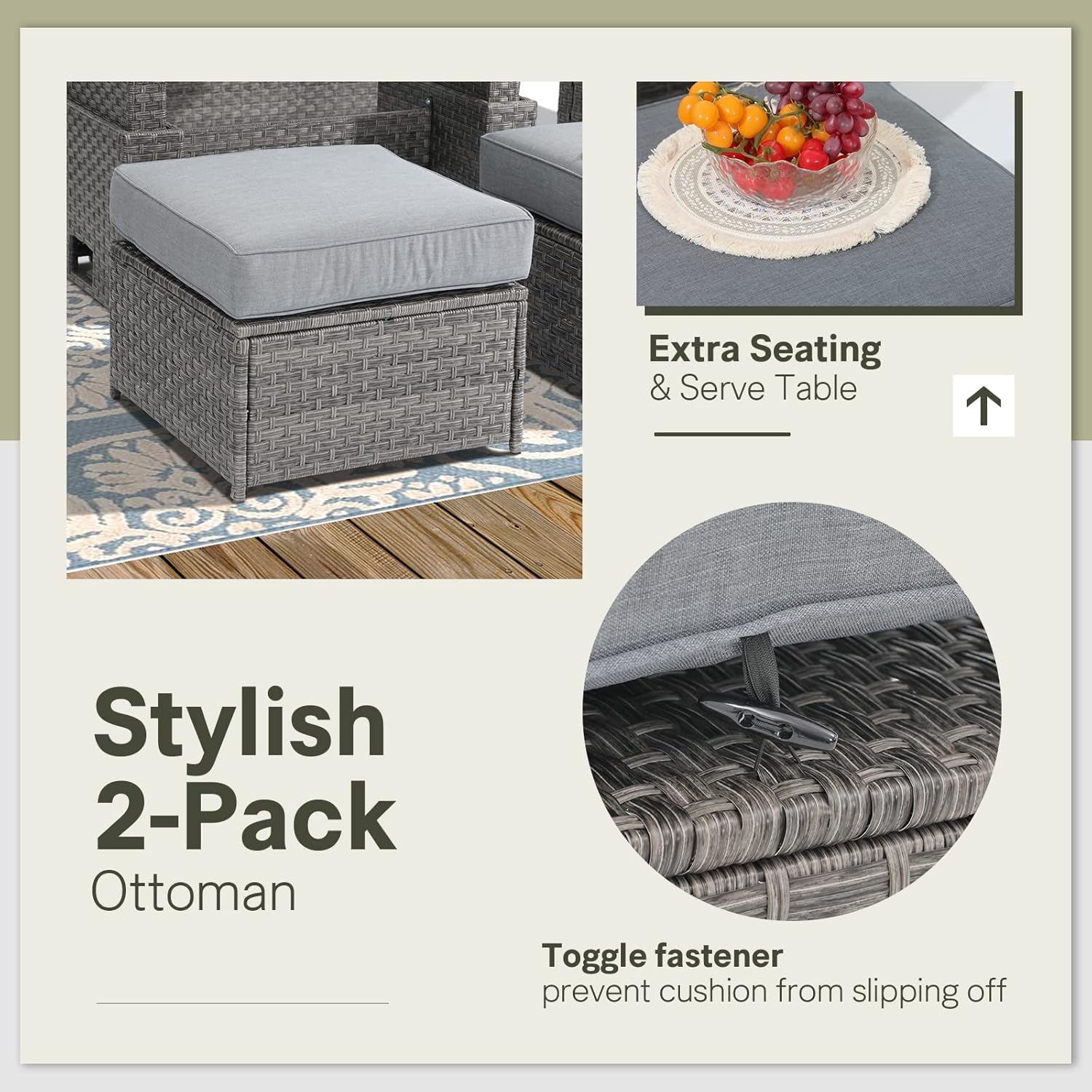 SUNSITT Outdoor Patio Ottoman Set of 2, All Weather Rattan Outdoor Ottoman Set, Grey Wicker Footstool Ottoman Footrest Seat w/Olefin Grey Cushions for Balcony, Porch and Deck