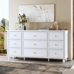 romshine white bedroom dresser with 9 drawers, 63" wide dressers chest of drawers, transitional wood dresser long drawer organizer for nursery bedroom living room