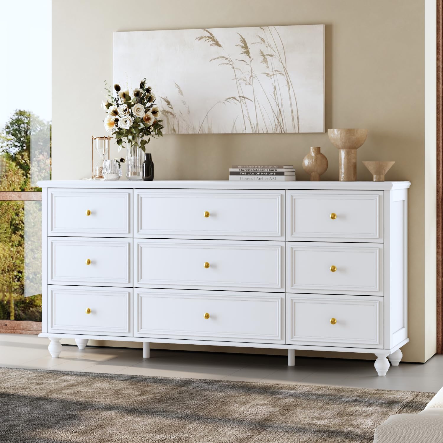 ROMSHINE White Bedroom Dresser with 9 Drawers, 63" Wide Dressers Chest of Drawers, Transitional Wood Dresser Long Drawer Organizer for Nursery Bedroom Living Room