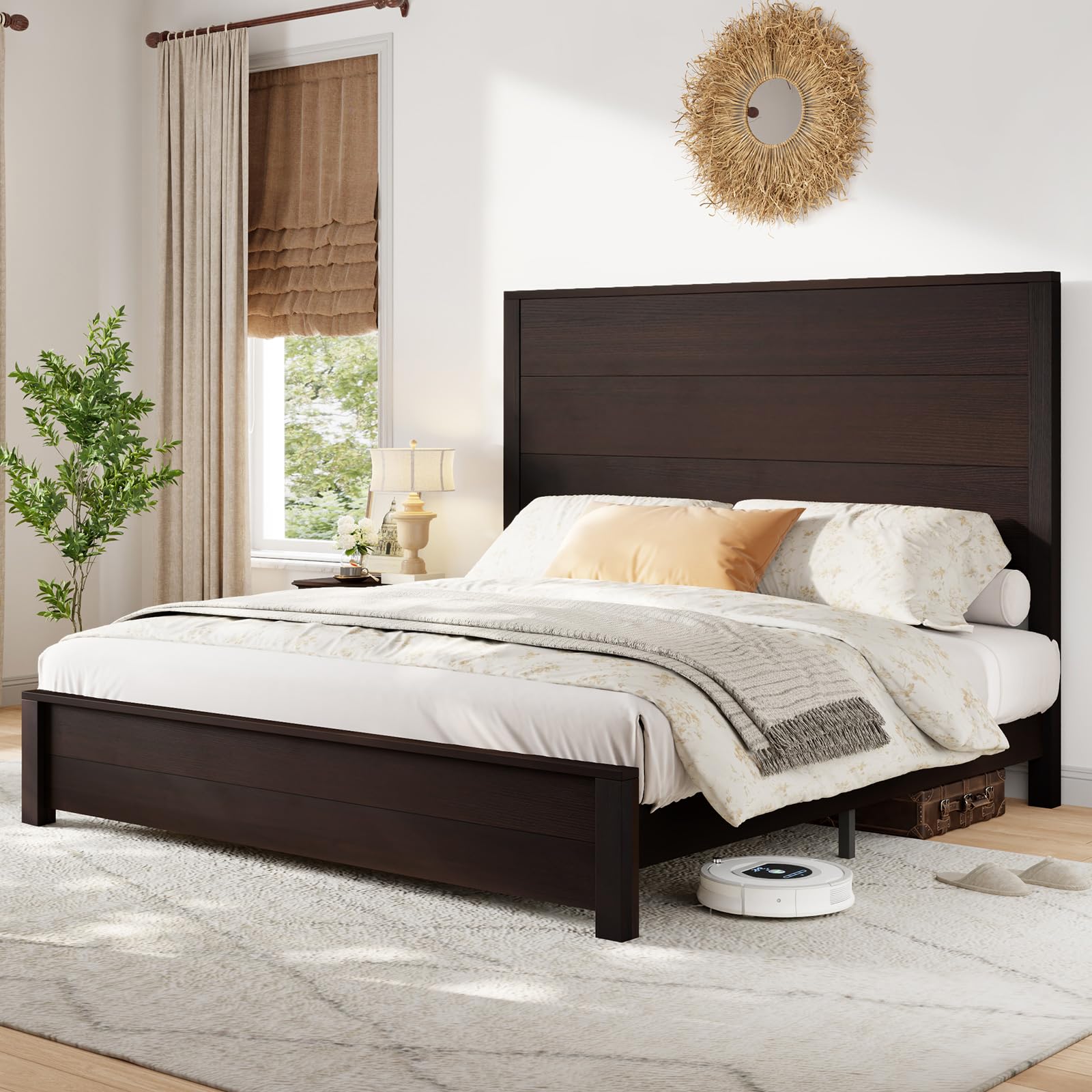 LUXOAK Queen Size Wood Platform Bed, Rustic Bed Frame with 51.2" Tall Slatted Headboard, Wooden Slats & Metal Support, No Box Spring Needed/Noise Free, Espresso