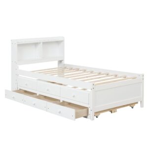 PVWIIK Twin Size Platform Bed with Trundle & Storage Drawers & Storage Headboard for Kids Bedroom,Solid Wood Capitan Bedframe,No Box Spring Needed,White