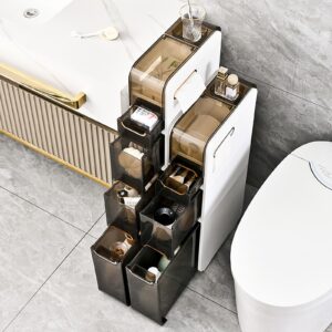 Bathroom Floor Storage Cabinet Narrow Organizer with Casters and Rubbish Bin - Slim Tower Side Corner Unit for Tiny Kitchen Laundry Living Room Toilet Gap Vertical Store Cart