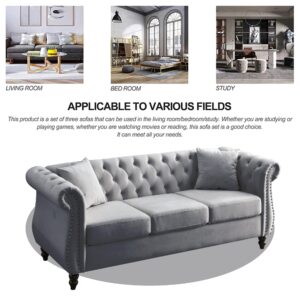 ATUMON 2 Piece Chesterfield Velvet 80“ 3-Seater and 59" Loveseat Sofa Set,Tufted Couch with 4 Pillows,Rolled Arms and Nailhead for Living Room, Bedroom, Office Grey