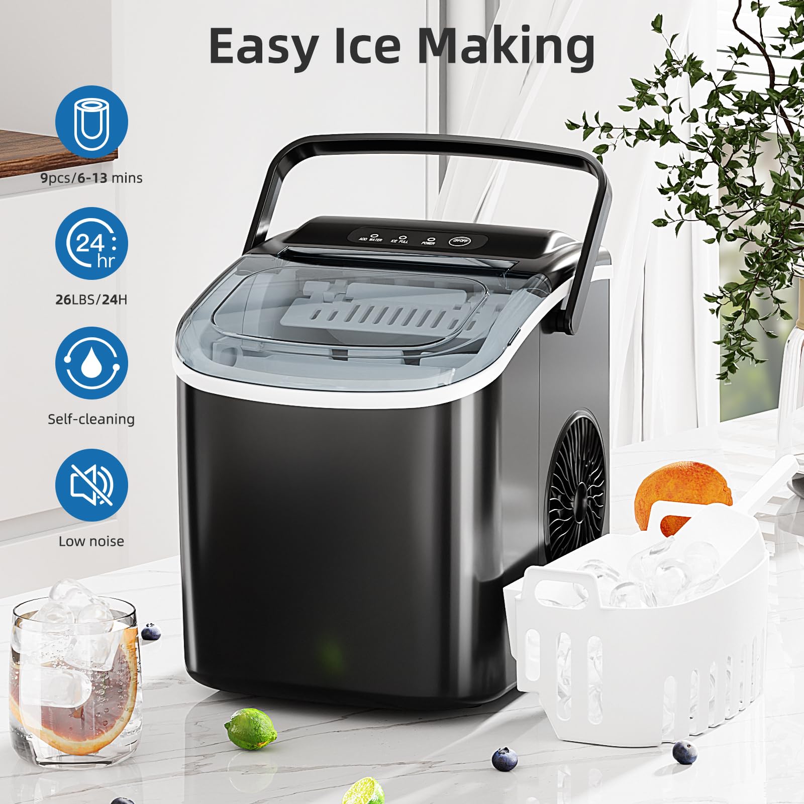 Antarctic Star Ice Maker Countertop, Portable Ice Machine with Carry Handle, 26Lbs Per Day, 9 Cubes Ready in 6 Mins, Self-Cleaning Ice Makers with Ice Scoop and Basket for Kitchen/Office/Party (Black)