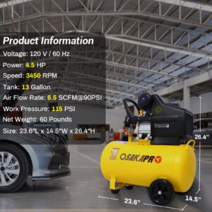 WIILAYOK 13 Gallon Air Compressor, 4.5HP 6.5CFM 115PSI, Portable Air Compressor for Inflation, Car Repair, Spray Painting, Woodwork Nailing